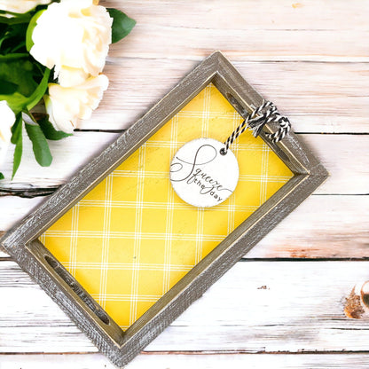 Handmade Wooden Serving Tray Yellow Striped Interior With Double Sided Lemon Ornament