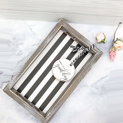 Farmhouse Modern Wooden Tray Black White Striped Decorative Serving Tray 10 x 6 x 1.5 Inch