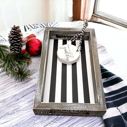 Farmhouse Modern Wooden Tray Black White Striped Decorative Serving Tray 10 x 6 x 1.5 Inch