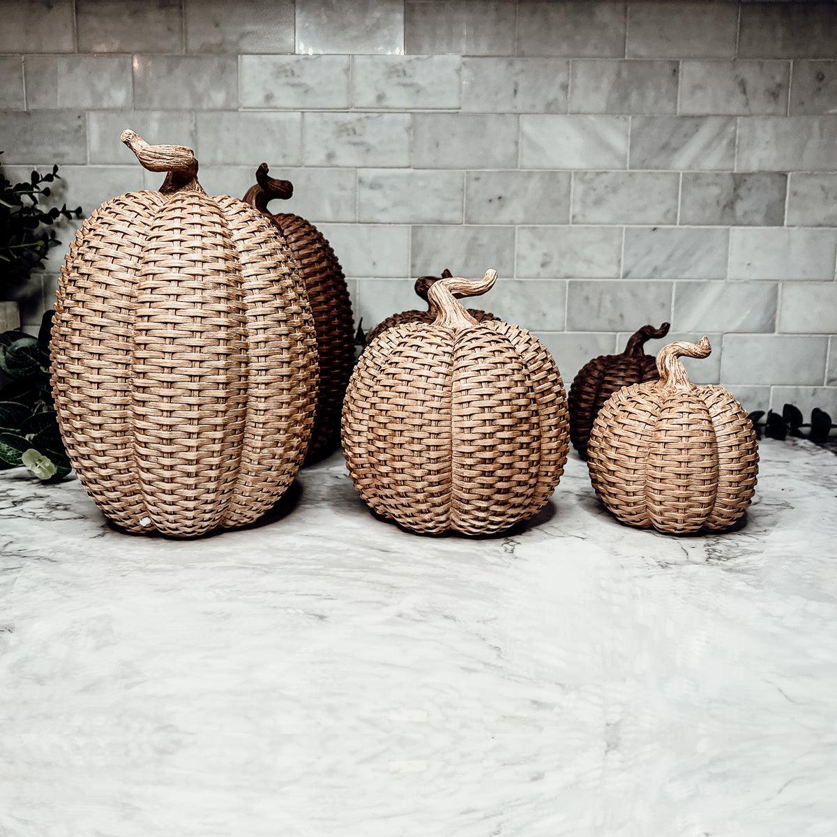 Rattan Resin Pumpkins Fall Decor - Set Or Single, 3 Sizes, Honey Cognac