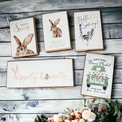Hello Spring Wooden Block Sign Rustic Farmhouse Shelf Tabletop Decor