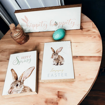 Hippity Hoppity Bunny Easter Home Decor Set Watercolor Bunny Sign Spring Mantel Rustic Farmhouse