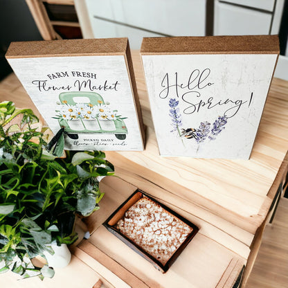 Hello Spring Wooden Block Sign Rustic Farmhouse Shelf Tabletop Decor