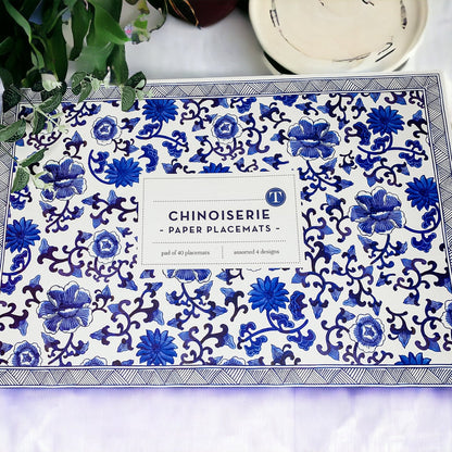 Chinoiserie Placemats Set Of 4 - Elegant Asian Floral Vinyl Placemats, Easy
