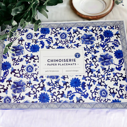 Chinoiserie Placemats Set Of 4 - Elegant Asian Floral Vinyl Placemats, Easy