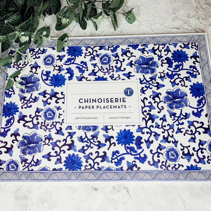 Chinoiserie Placemats Set Of 4 - Elegant Asian Floral Vinyl Placemats, Easy