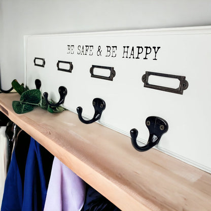 Wood Wall Mask And Hat Organizer With 6 Hooks For Coats Keys Scarves