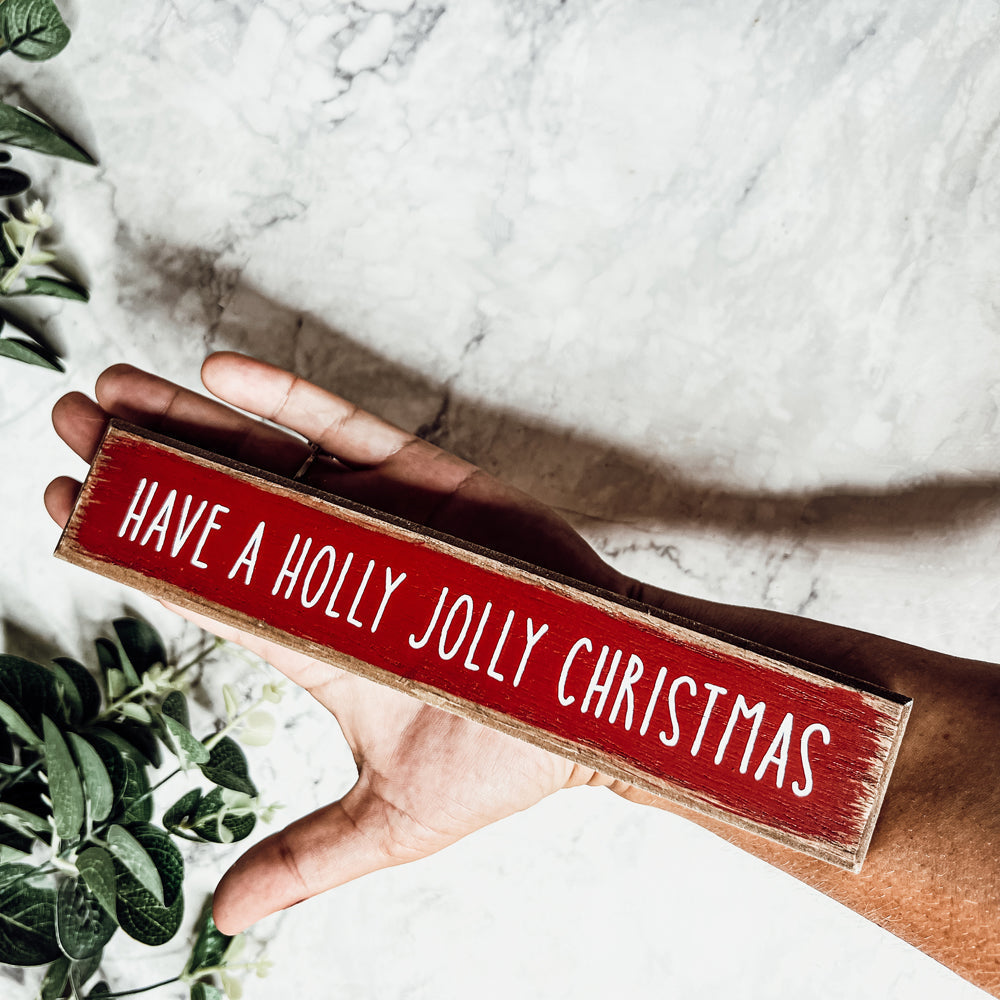 Holly Jolly Christmas Wooden Shelf Sitter Sign Holiday Mantel Shelf Decor Rustic Farmhouse