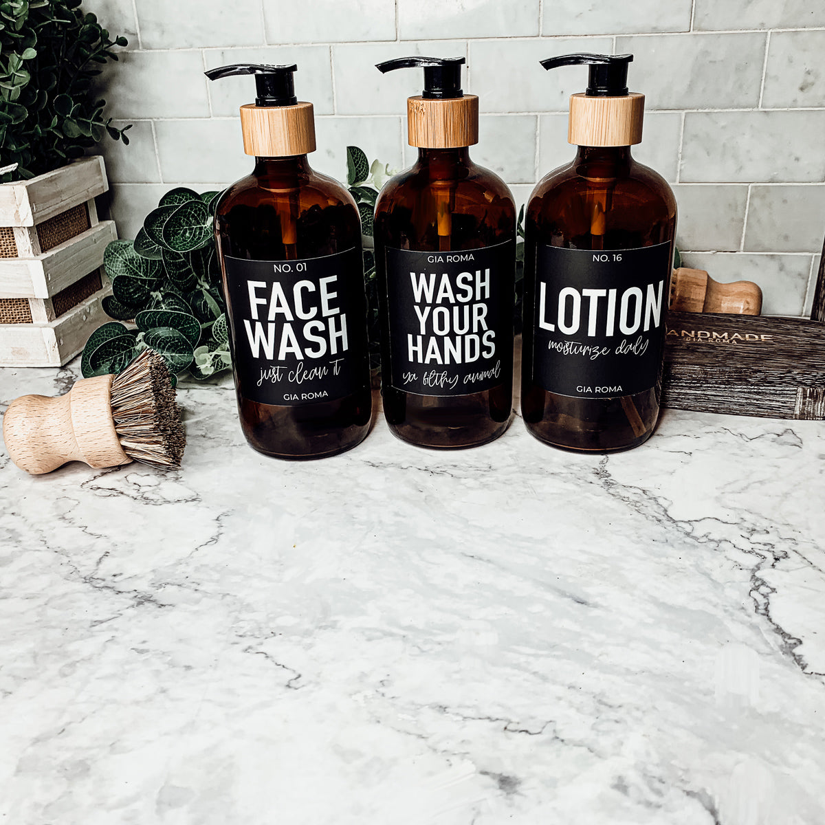 16oz Amber Glass Boston Round Soap Refill Bottle Black Label Set