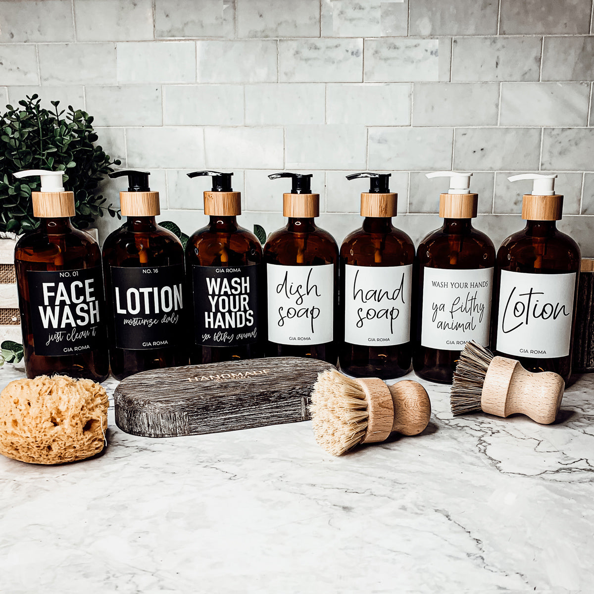 16oz Amber Glass Boston Round Soap Refill Bottle Black Label Set