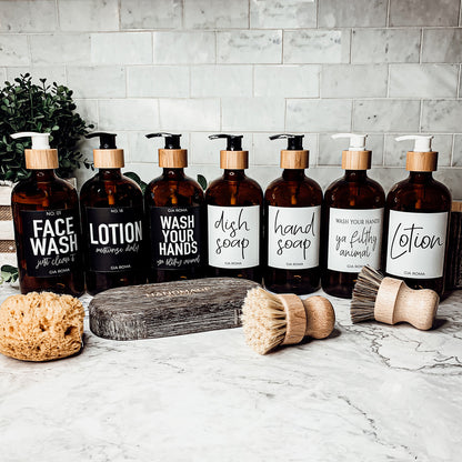 16oz Amber Glass Boston Round Soap Refill Bottle Black Label Set