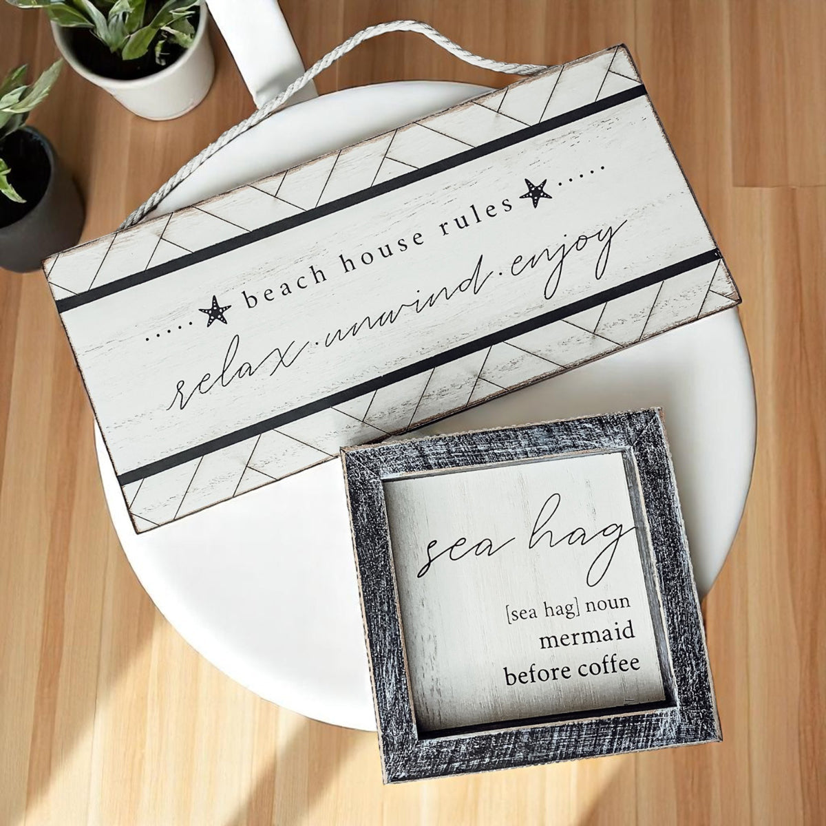 Sea Hag Wooden Sign 5x5 Distressed Gray Frame Funny Morning Mermaid Pre Coffee Decor Plaque