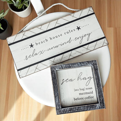 Sea Hag Wooden Sign 5x5 Distressed Gray Frame Funny Morning Mermaid Pre Coffee Decor Plaque