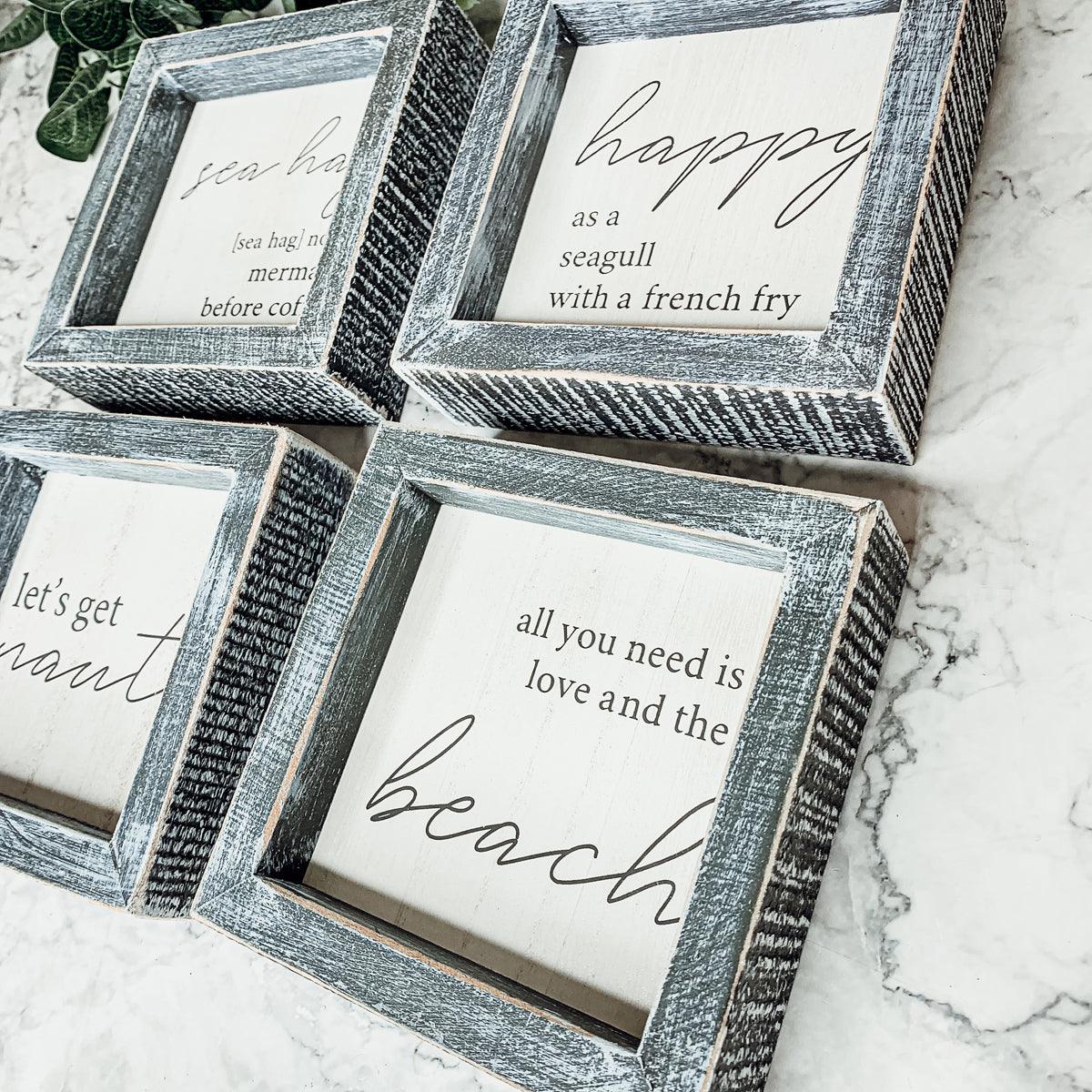 Sea Hag Wooden Sign 5x5 Distressed Gray Frame Funny Morning Mermaid Pre Coffee Decor Plaque