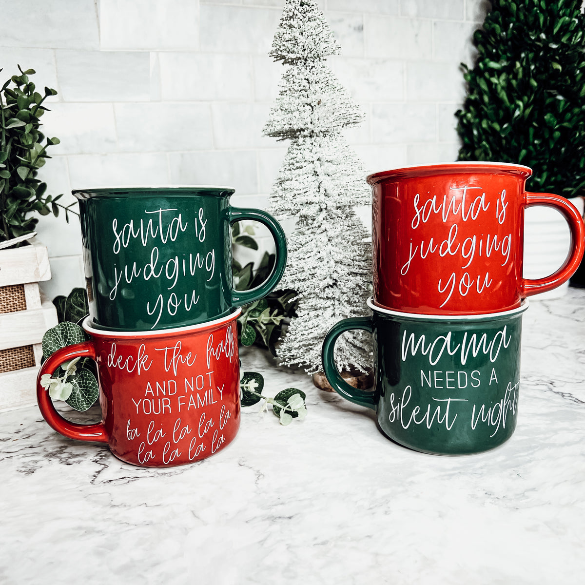 Naughty And Nice Coffee Mug Ceramic Campfire Style 14.5oz Red Or Green Double Side Design