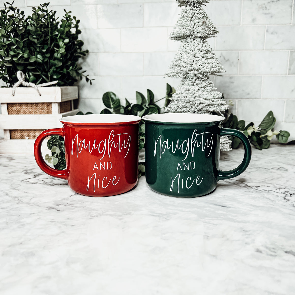 Naughty And Nice Coffee Mug Ceramic Campfire Style 14.5oz Red Or Green Double Side Design
