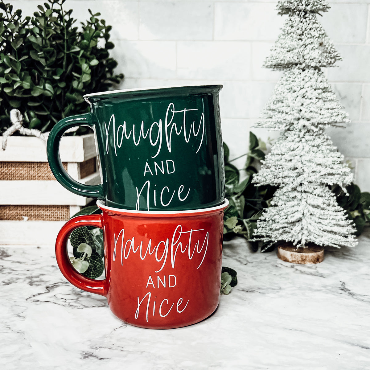 Naughty And Nice Coffee Mug Ceramic Campfire Style 14.5oz Red Or Green Double Side Design