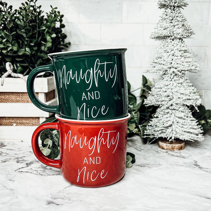 Naughty And Nice Coffee Mug Ceramic Campfire Style 14.5oz Red Or Green Double Side Design