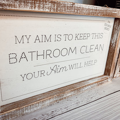 Funny Double Sided Wooden Bathroom Sign Aim Sprinkle Tinkle Freestanding Frame Wall Decor