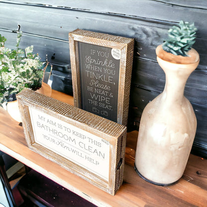 Funny Double Sided Wooden Bathroom Sign Aim Sprinkle Tinkle Freestanding Frame Wall Decor