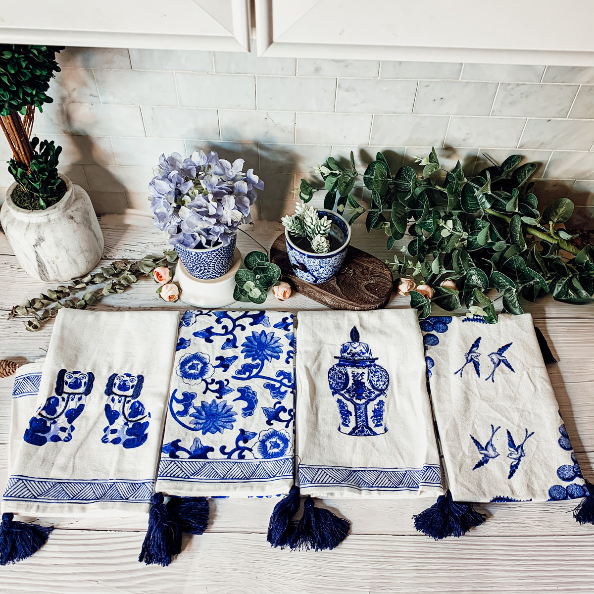 Chinoiserie Tea Towels 100% Cotton Oversized Embroidered Dish Towels Tassels