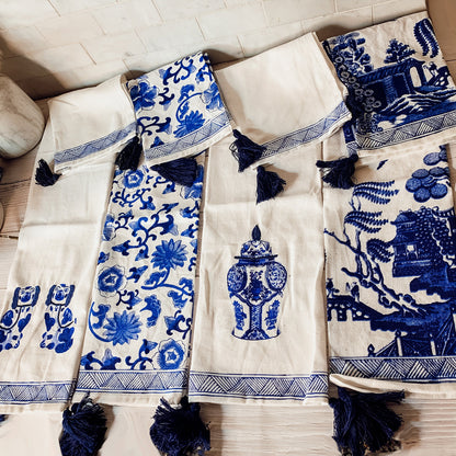 Chinoiserie Tea Towels 100% Cotton Oversized Embroidered Dish Towels Tassels