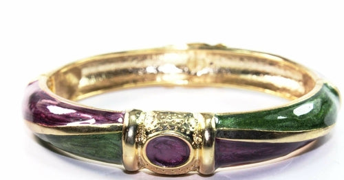 Gold Tone Hinged Bangle Purple Green Enamel Small Bracelet