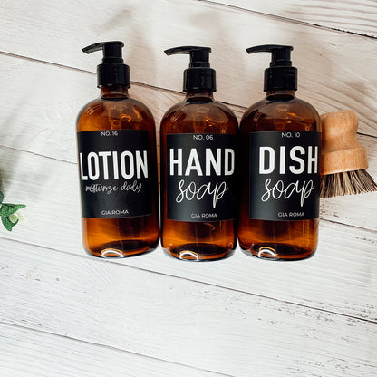 16oz Amber Glass Boston Round Soap Refill Bottle Black Label Set