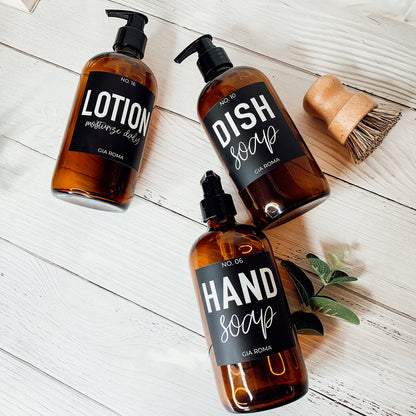 16oz Amber Glass Boston Round Soap Refill Bottle Black Label Set