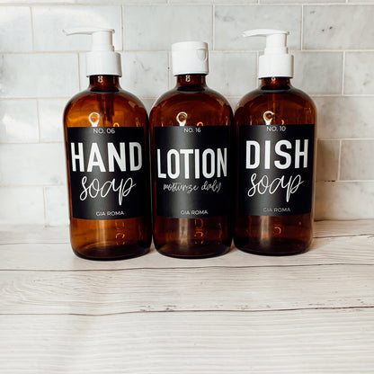 16oz Amber Glass Boston Round Soap Refill Bottle Black Label Set