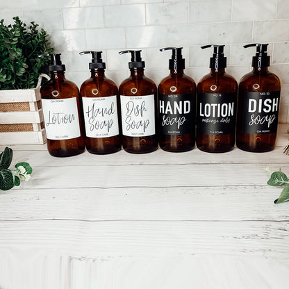 16oz Amber Glass Boston Round Soap Refill Bottle Black Label Set