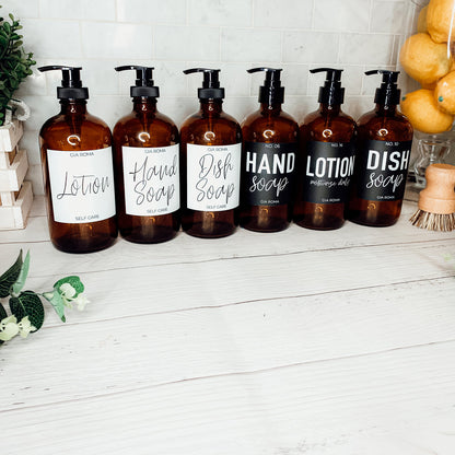 16oz Amber Glass Boston Round Soap Refill Bottle Black Label Set