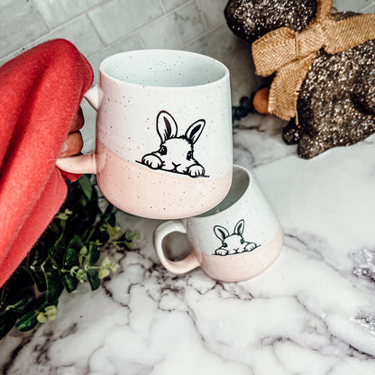 Farmhouse Ceramic Bunny Mug Hand-Painted Ivory With Pastel Pink Base, 12 Oz