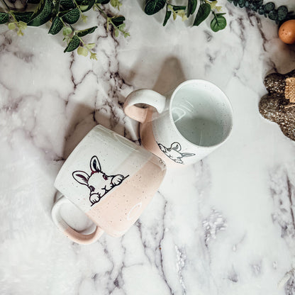 Farmhouse Ceramic Bunny Mug Hand-Painted Ivory With Pastel Pink Base, 12 Oz