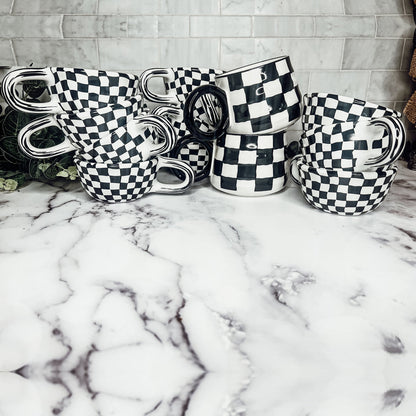 Small Black White Checkered Mug Retro Hand Painted Glossy Ceramic Dishwasher Microwave Safe