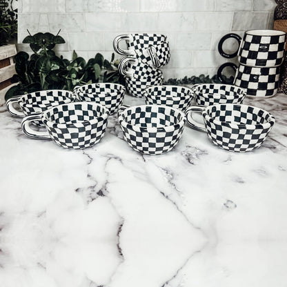 Small Black White Checkered Mug Retro Hand Painted Glossy Ceramic Dishwasher Microwave Safe