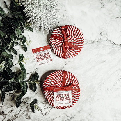 Blue Braided Holiday Coaster Set 4 Pack Candy Cane Stripe Table Protectors Absorbent Drink Mats