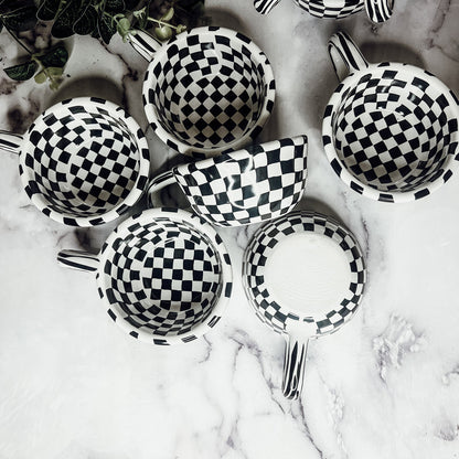 Small Black White Checkered Mug Retro Hand Painted Glossy Ceramic Dishwasher Microwave Safe
