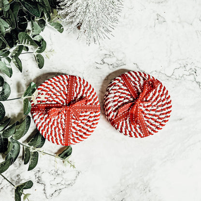 Blue Braided Holiday Coaster Set 4 Pack Candy Cane Stripe Table Protectors Absorbent Drink Mats