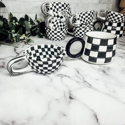 Small Black White Checkered Mug Retro Hand Painted Glossy Ceramic Dishwasher Microwave Safe