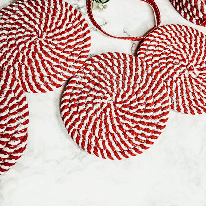 Blue Braided Holiday Coaster Set 4 Pack Candy Cane Stripe Table Protectors Absorbent Drink Mats