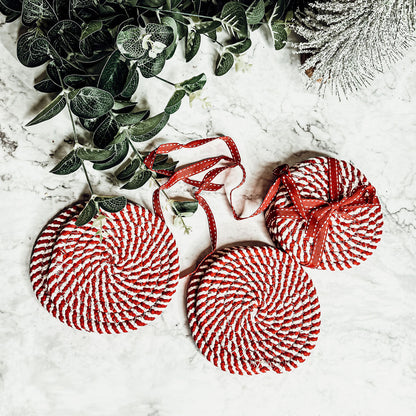 Blue Braided Holiday Coaster Set 4 Pack Candy Cane Stripe Table Protectors Absorbent Drink Mats