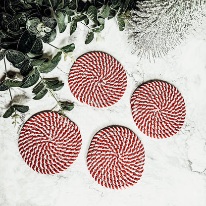 Blue Braided Holiday Coaster Set 4 Pack Candy Cane Stripe Table Protectors Absorbent Drink Mats