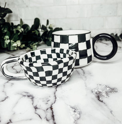 Small Black White Checkered Mug Retro Hand Painted Glossy Ceramic Dishwasher Microwave Safe