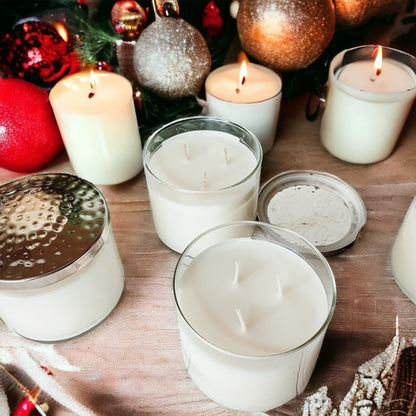 3-Wick Soy Candle 14.5oz Clear Glass Jar Silver Hammered Lid Hand-Poured USA