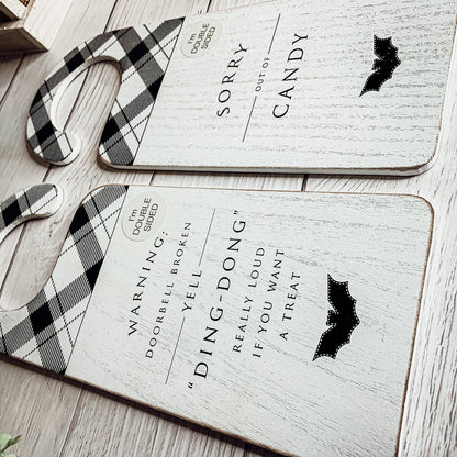 Halloween Double-Sided Door Hanger Spooky Cute Door Knob Sign 5x11.5 Black White