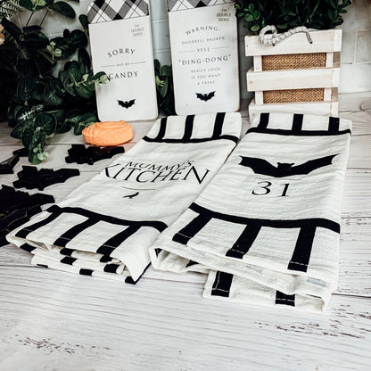 Halloween Tea Towel Bat 31 Vs Mummy Black White Cotton Dish Towel Kitchen Hand Towel Decor