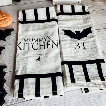 Halloween Tea Towel Bat 31 Vs Mummy Black White Cotton Dish Towel Kitchen Hand Towel Decor