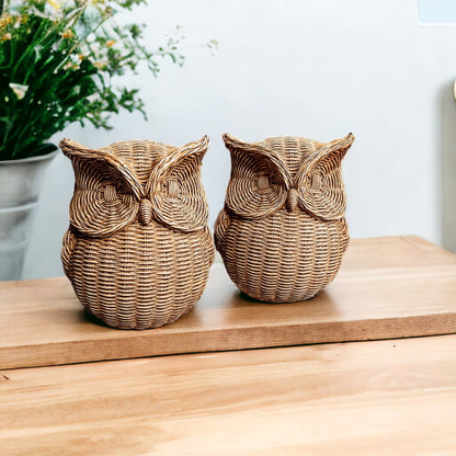Basket Weave Owl Figurine Resin Rustic Owl Bookend Tabletop Accent Home Decor