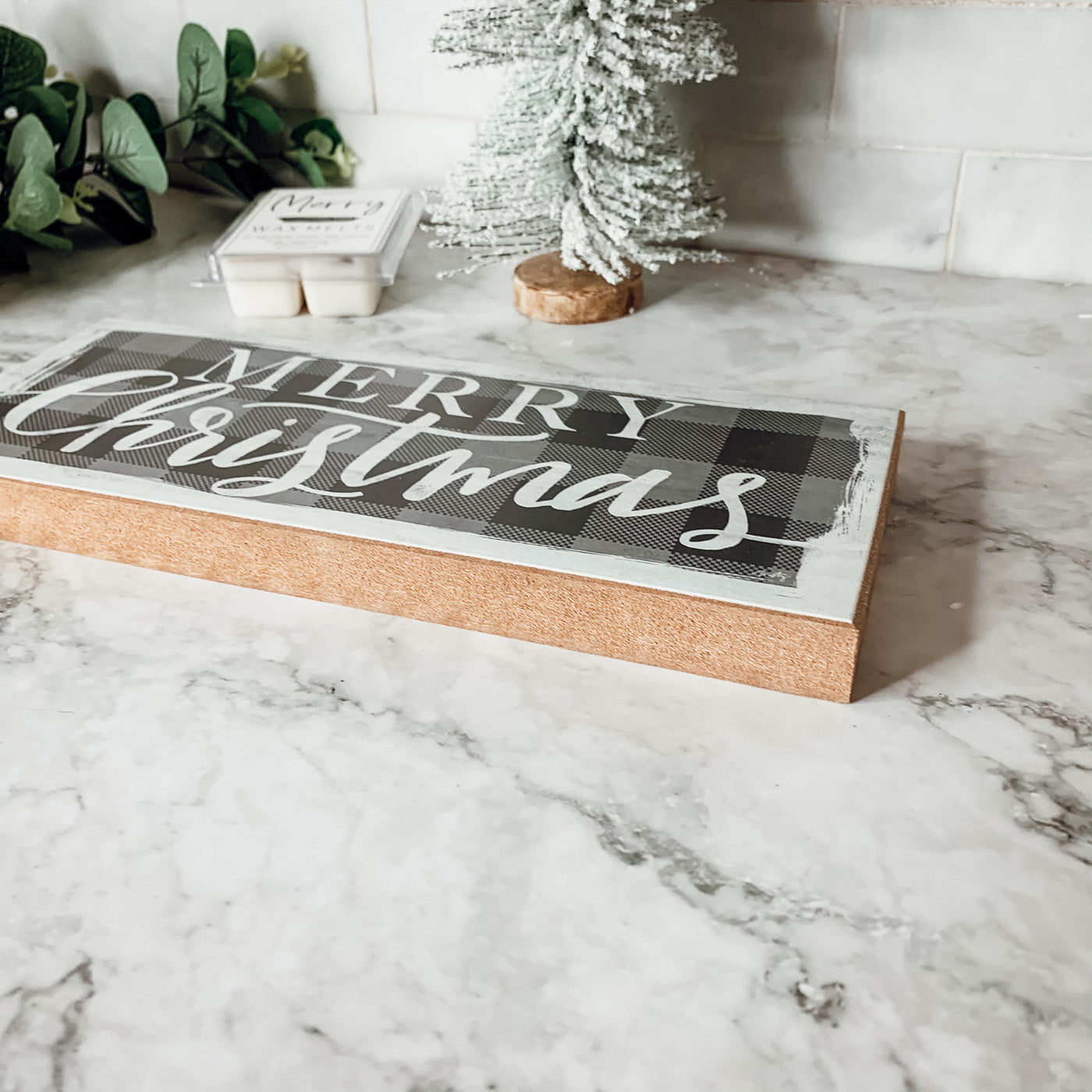 Buffalo Check Christmas Wood Sign 10x4 Tabletop Shelf Mantel Decor